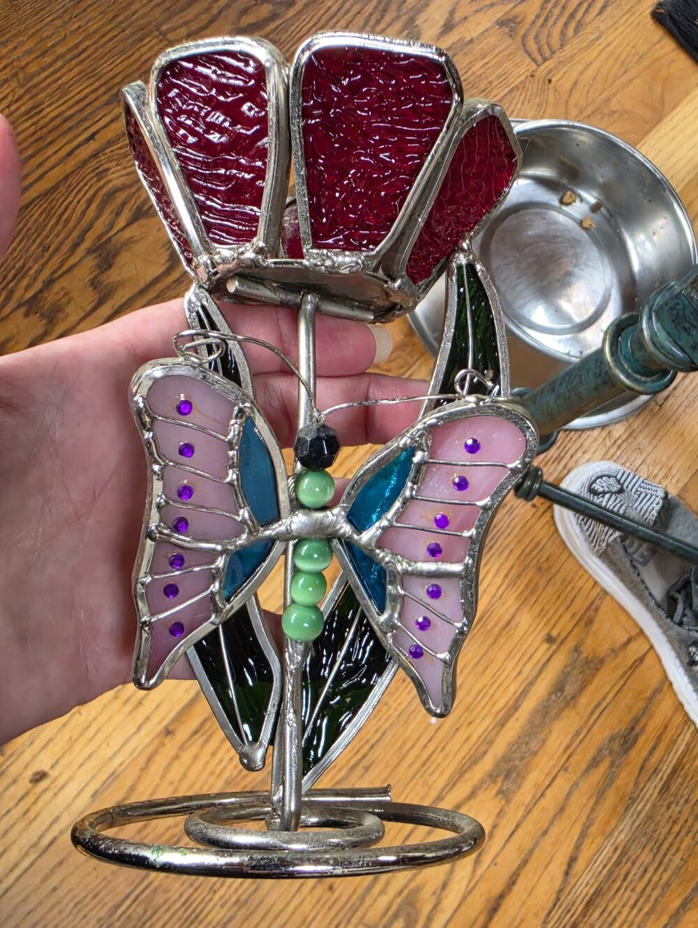 Stained Glass Tea Light Candle Holder Flower Butterfly